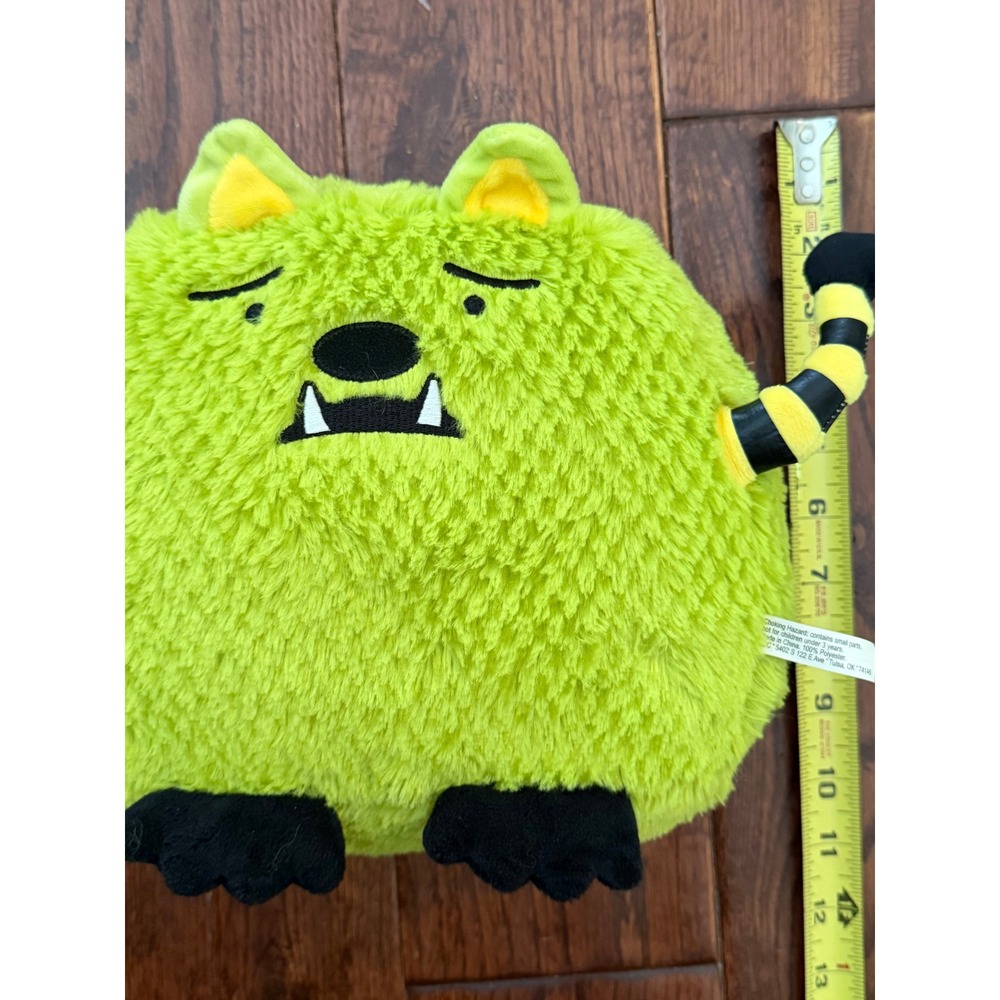 Lime Green Monster Plush Shaggy Round Stuffed Animal Striped Arms 8 Inch